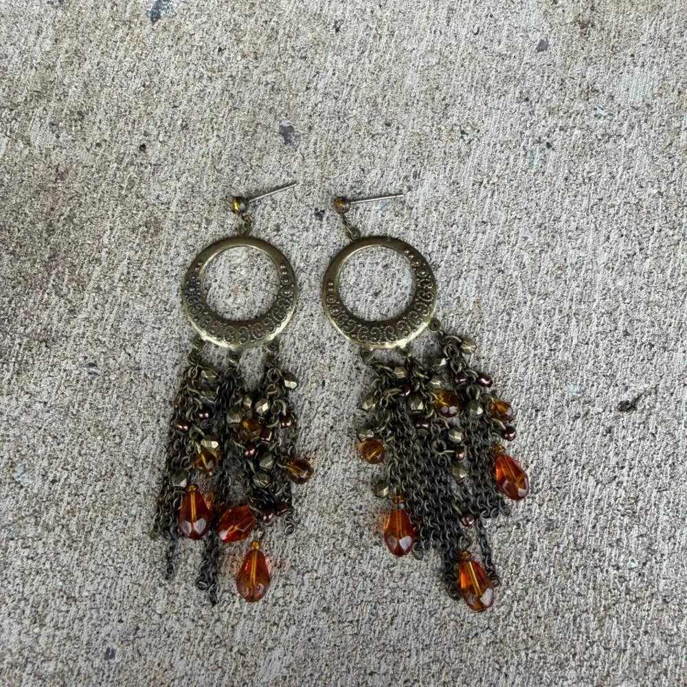 Boho Amber Chandelier Earrings‎ Antique Gold Tone Filigree Dangle Beade